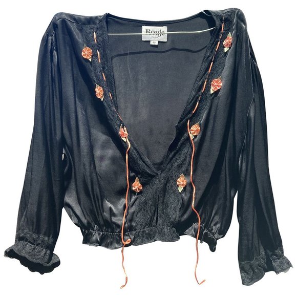 Rouje Tops - Rouje Suzanna peasant top, black satin with pink floral applique and tie